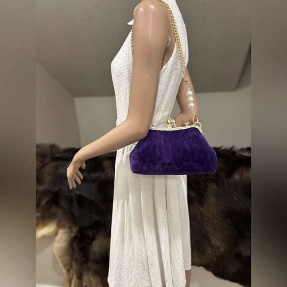 Purple Handmade Genuine Shearling Kisslock Top Handle bag/Shoulder Bag/Crossbody - Picture 6 of 16